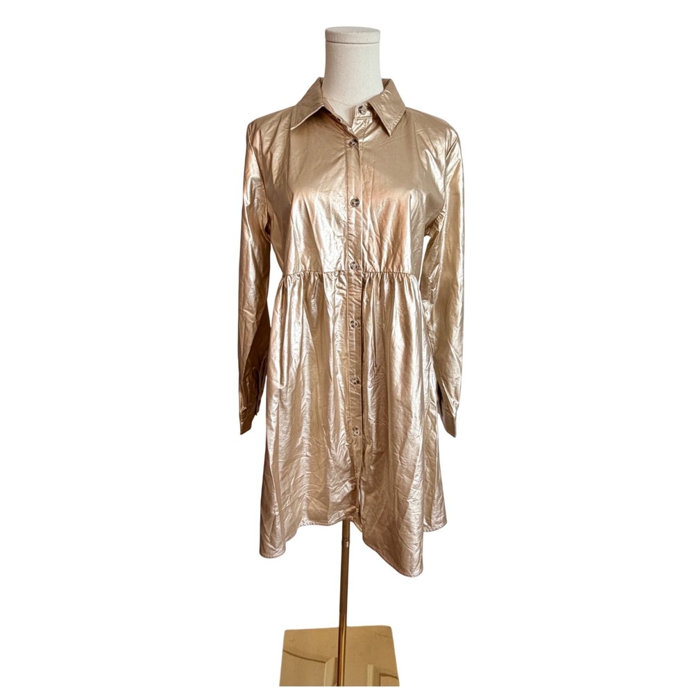 Jodifl Gold Metallic Button Down Babydoll Shirt Dress Long Sleeve Small